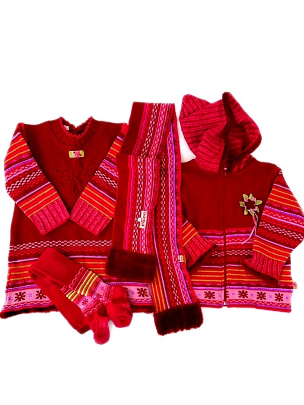 Clayeux France Girls 4pс Red Orange Knit Dress Cardigan Tights Scarf set size 4T